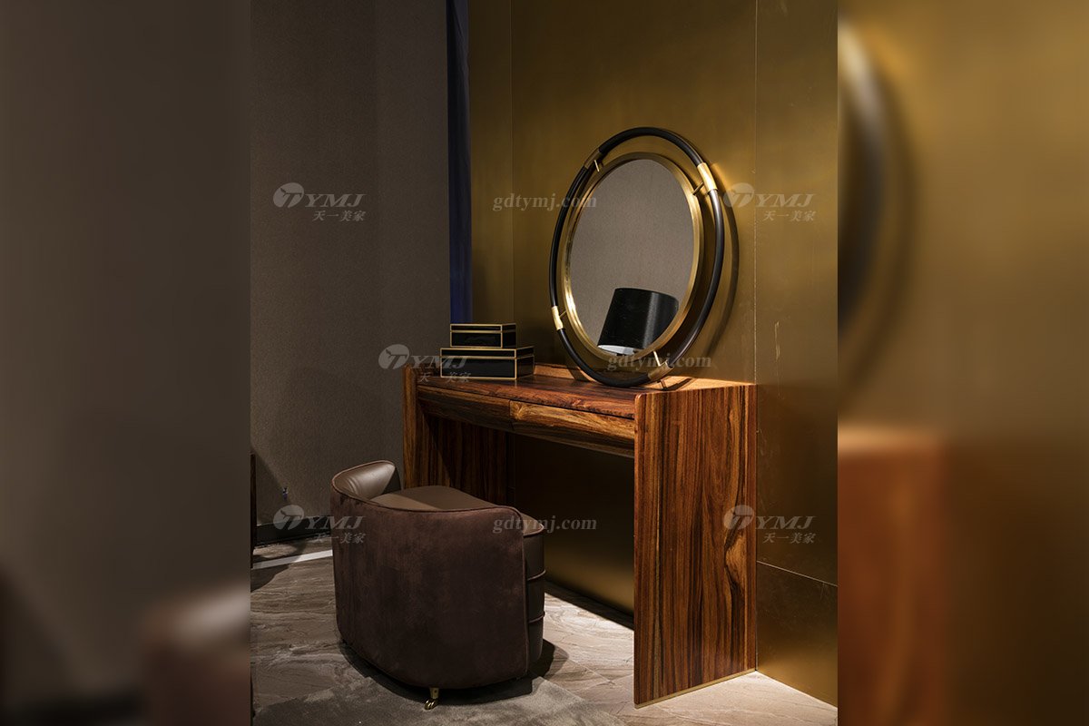 高端豪別墅會所大宅家具品牌輕奢新中式風(fēng)臥室家具時尚實(shí)木真皮床組合系列妝臺妝鏡